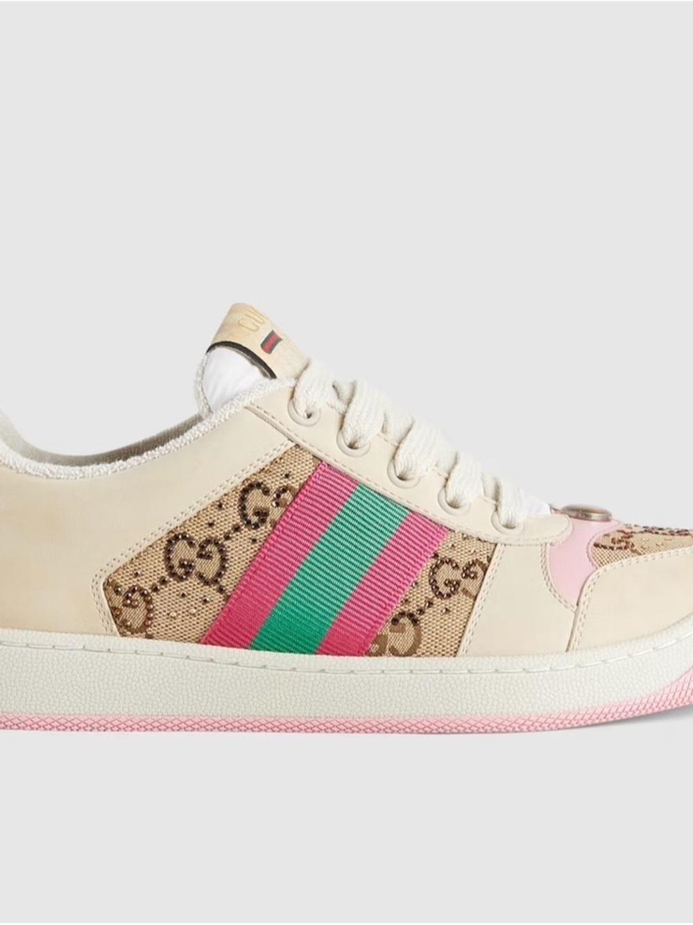 Gucci Cream and Pink Low-Top Sneaker with Green Stripe